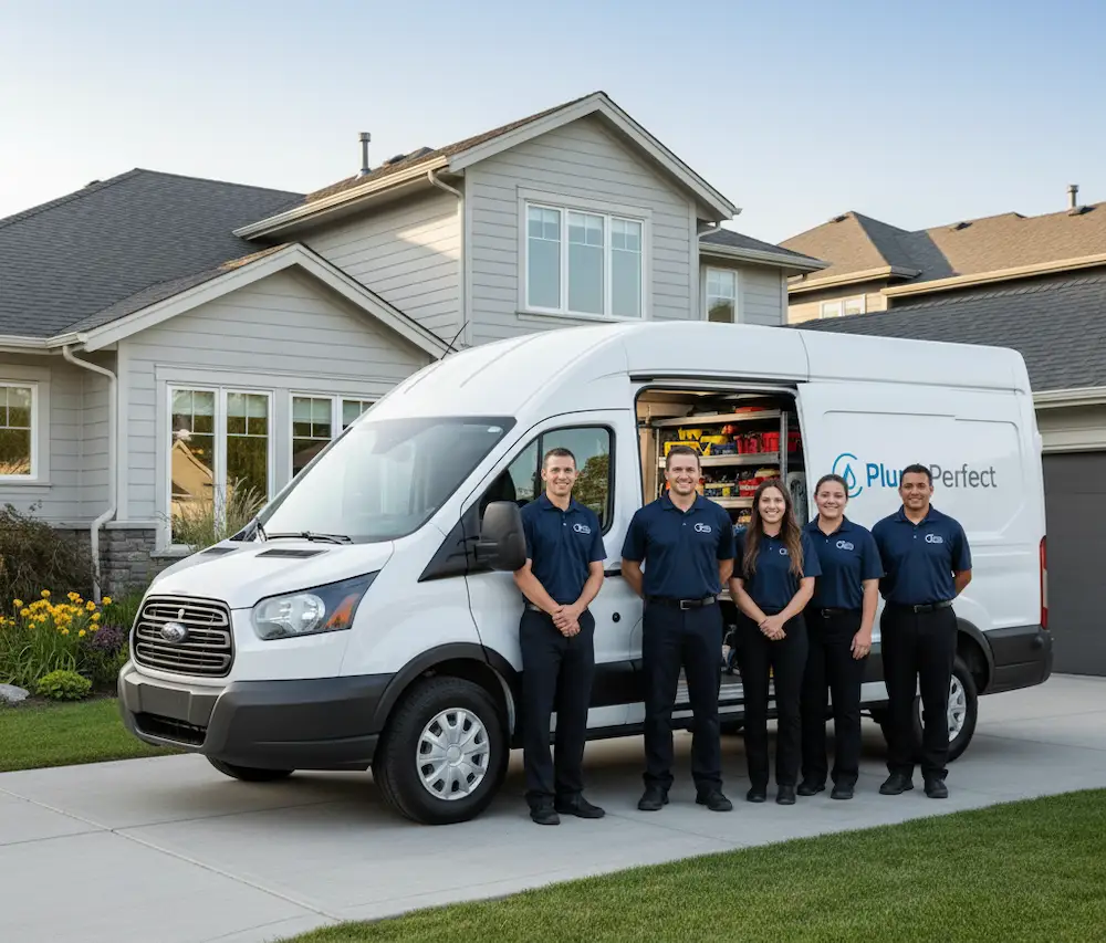 PlumbPerfect van parked in front of a modern home