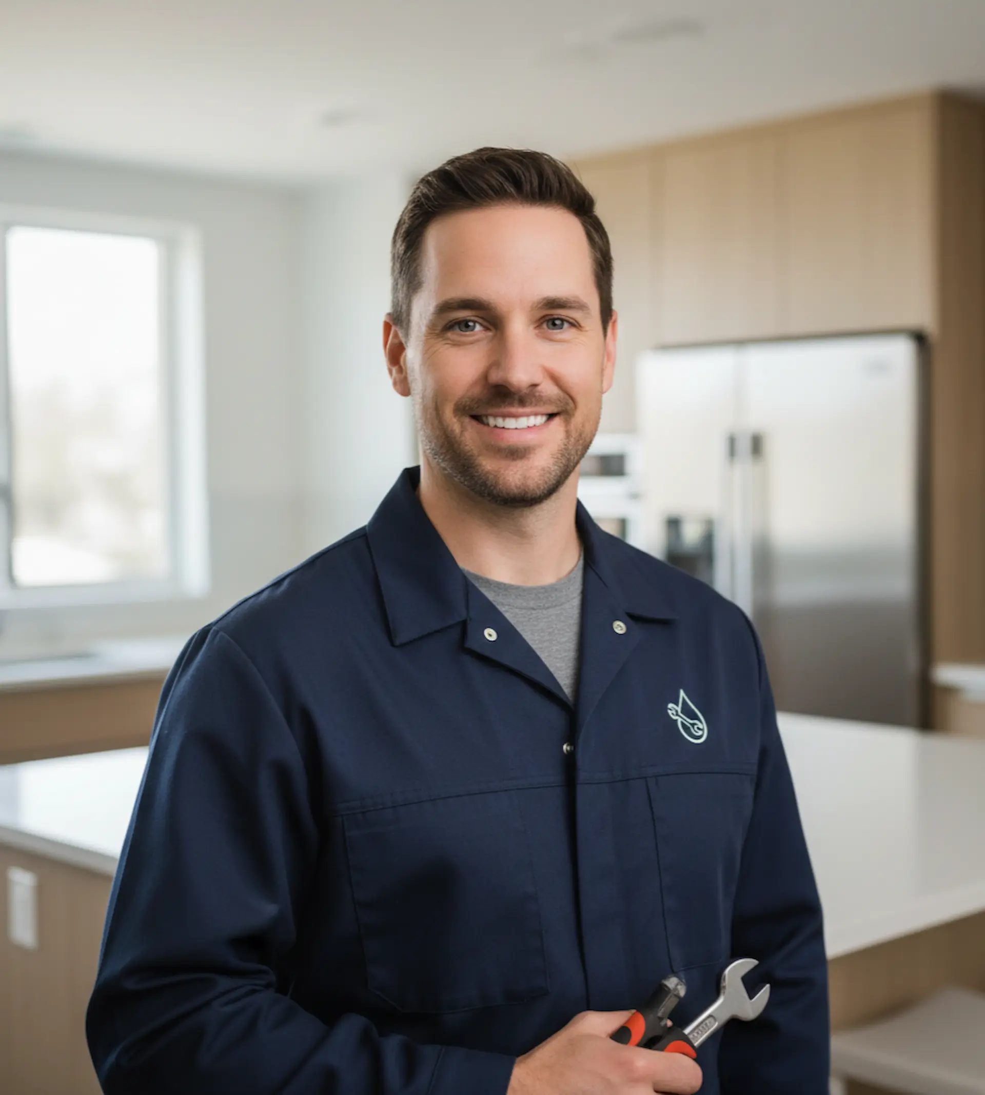 A friendly and professional plumber smiling