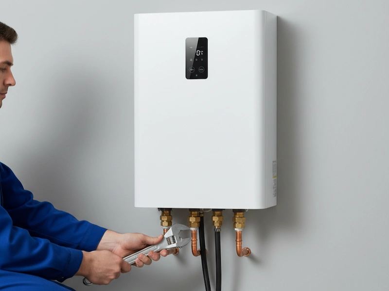 A modern tankless water heater being serviced